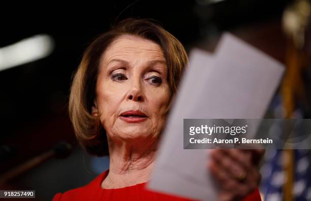 House Minority Leader Nancy Pelosi speaks at a press conference on Capitol Hill on February 14, 2018 in Washington, DC. Pelosi and her fellow...