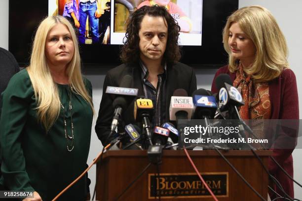 Alexander Polinsky speaks during a press conference with Nicole Eggert and his attorney Lisa Bloom regarding sexual harassment allegations against...