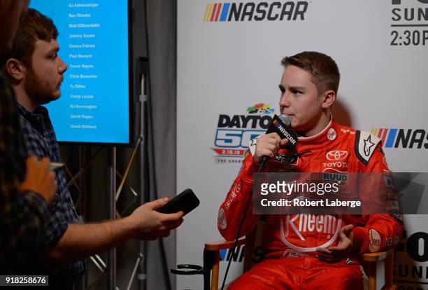 Camping World Truck Series driver, Christopher Bell, speaks with the media during the Daytona 500 Media Day at Daytona International Speedway on...