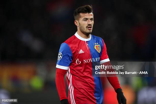 Albian Ajeti of FC Basel during the UEFA Champions League Round of 16 First Leg match between FC Basel and Manchester City at St. Jakob-Park on...