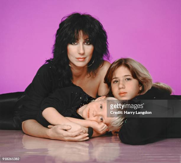 Singer and actress Cher with children Chastity Bono and Elijah Blue Allman poses for a portrait in 1980 in Los Angeles, California.