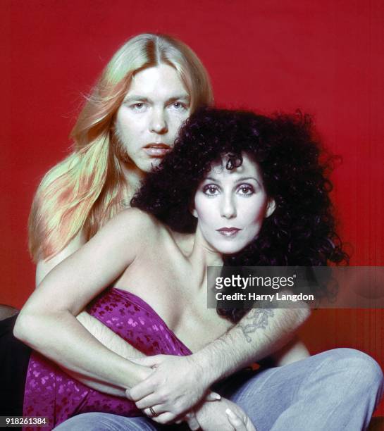 Singer and actress Cher with Greg Allman pose for a portrait in 1977 in Los Angeles, California.