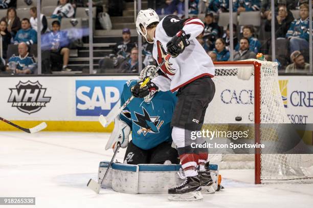 Arizona Coyotes right wing Christian Fischer assists on defenseman Alex Goligoski goal that gets behind San Jose Sharks goaltender Martin Jones...