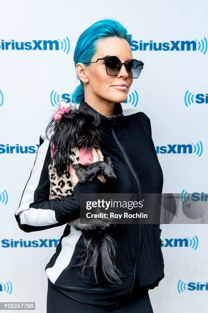 Jenny McCarthy with her dog D.J. Hosts the Jenny McCarthy show at SiriusXM Studios on February 14, 2018 in New York City.