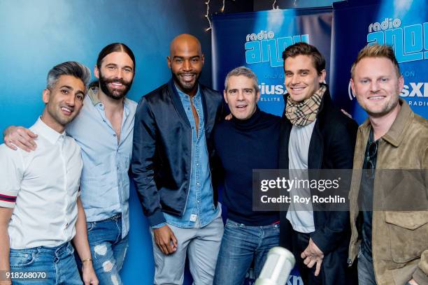 Tan France, Jonathan Van Ness, Karamo Brown, Antoni Porowski and Bobby Berk from Queer Eye for the Straight Guy with Andy Cohen visit the Talk Andy...