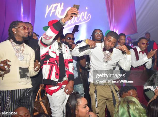 Offset, Adrien Broner, Quavo and YFN Lucci attend Trap Du Soleil celebrating YFN Lucci on February 13, 2018 in Atlanta, Georgia.