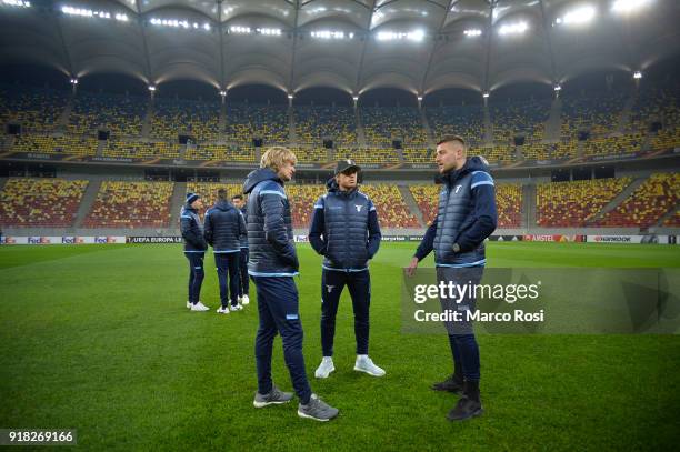 Dusan Basta, Patricio Gil Gabarron and Sebrgej Milinkovic Savic of SS Lazio during an SS Lazio walk around on February 14, 2018 in Bucharest, Romania.