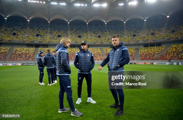 Dusan Basta, Patricio Gil Gabarron and Sebrgej Milinkovic Savic of SS Lazio during an SS Lazio walk around on February 14, 2018 in Bucharest, Romania.