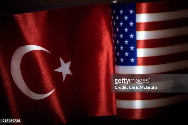 In this photo illustration, the U.S and Turkey flags are seen together on February 14, 2018 in Istanbul, Turkey. U.S. Secretary of State, Rex...