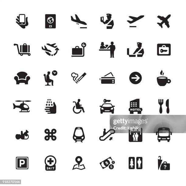 airport information icons pack - holiday arrival stock illustrations