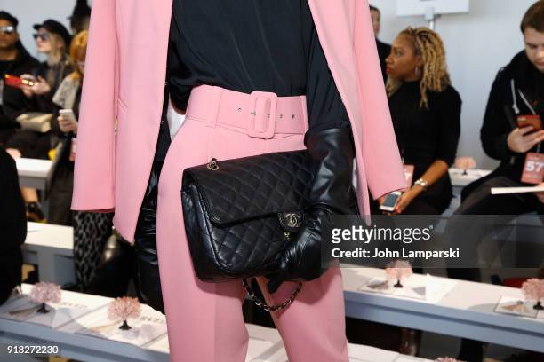 Stixx, bag and fashion detail, attends Leanne Marshall show during February 2018 New York Fashion Week: The Shows at Gallery II at Spring Studios on...