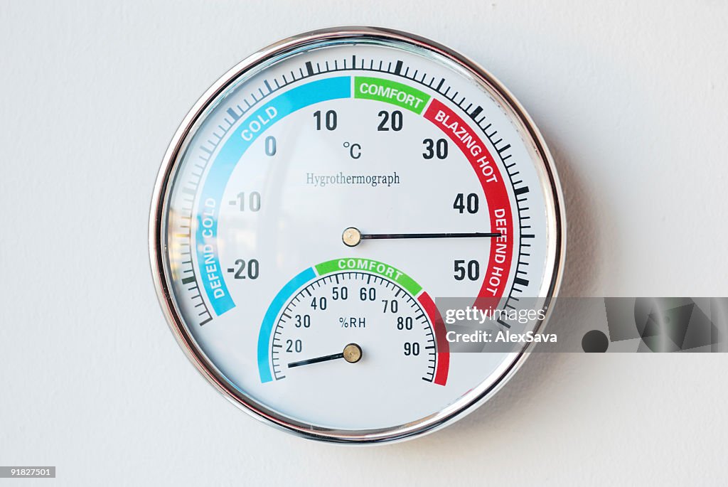 Thermometer hanging on a wall showing a high temperature