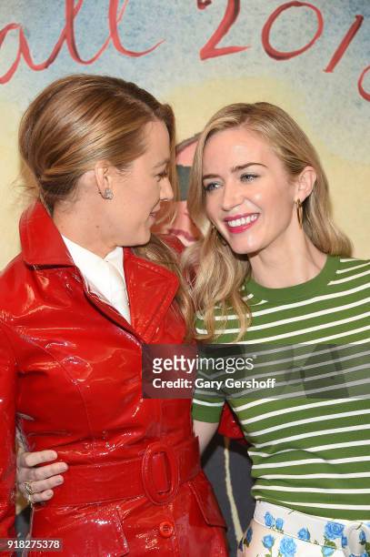 Actors Blake Lively and Emily Blunt attend the Michael Kors fashion show during New York Fashion Week at Vivian Beaumont Theatre on February 14, 2018...