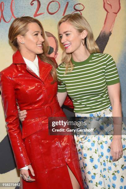 Actors Blake Lively and Emily Blunt attend the Michael Kors fashion show during New York Fashion Week at Vivian Beaumont Theatre on February 14, 2018...