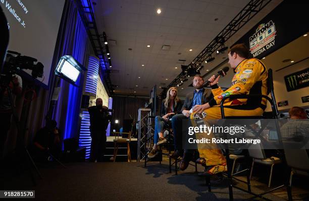 Kyle Busch, driver of the M&M's Toyota, speaks with the media during the Daytona 500 Media Day at Daytona International Speedway on February 14, 2018...