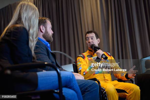 Kyle Busch, driver of the M&M's Toyota, speaks with the media during the Daytona 500 Media Day at Daytona International Speedway on February 14, 2018...