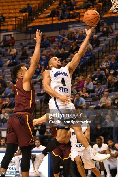Indiana State Sycamores guard Brenton Scott lays the ball up during the Missouri Valley Conference college basketball game between the Loyola...