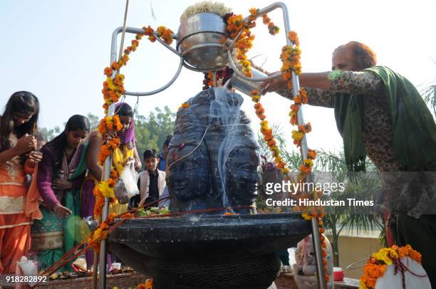 Devotees offer pure milk, honey, gangajal, curd, coconut water and fruits on the Shiva Lingam occasion of Mahashivratri at Shiv Mandir Kadipur, on...