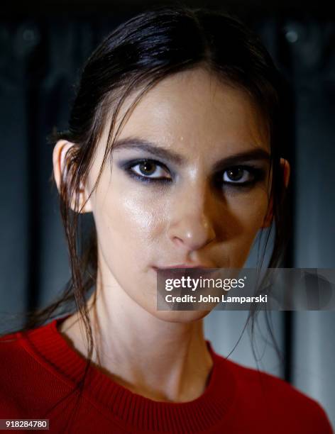 Model poses backstage during the Leanne Marshall show during February 2018 New York Fashion Week: The Shows at Gallery II at Spring Studios on...