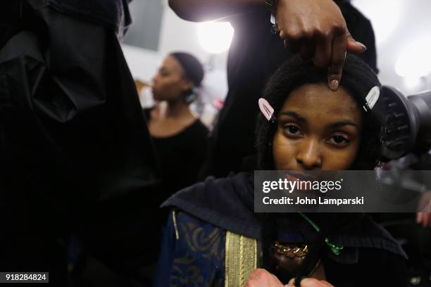 Models prepare backstage during the Leanne Marshall show during February 2018 New York Fashion Week: The Shows at Gallery II at Spring Studios on...