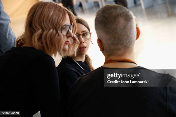 Designer Leanne Marshall makes final preparations before the Leanne Marshall show during February 2018 New York Fashion Week: The Shows at Gallery II...