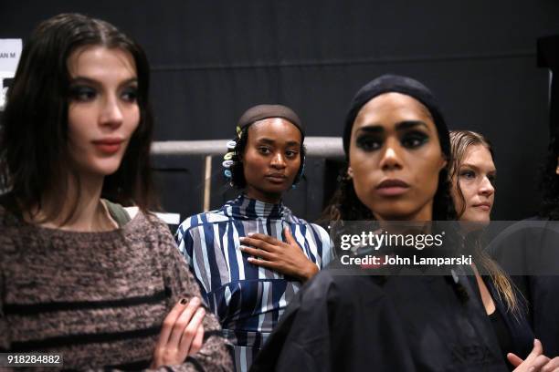 Models prepare backstage during the Leanne Marshall show during February 2018 New York Fashion Week: The Shows at Gallery II at Spring Studios on...