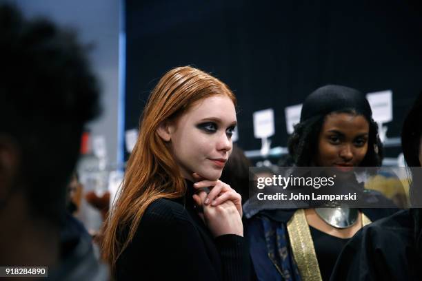 Models prepare backstage during the Leanne Marshall show during February 2018 New York Fashion Week: The Shows at Gallery II at Spring Studios on...