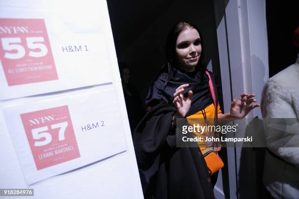 Models prepare backstage during the Leanne Marshall show during February 2018 New York Fashion Week: The Shows at Gallery II at Spring Studios on...