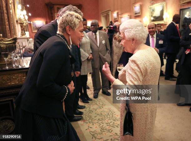 Queen Elizabeth II talks to Monica Galetti at a reception to celebrate the Commonwealth Diaspora community, in the lead up to the Commonwealth Heads...