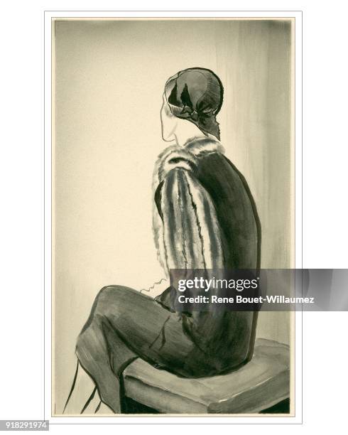 Rear view of a seated woman wearing a close cap with grosgrain ties at the back from Marcelle Lely, a matching dress and a sable scarf around her...