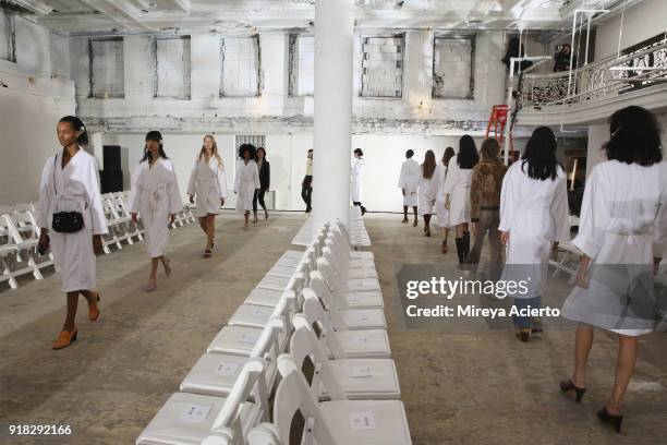 Models walks at rehearsal before the Maryam Nassir Zadeh fashion show during New York Fashion Week on February 14, 2018 in New York City.