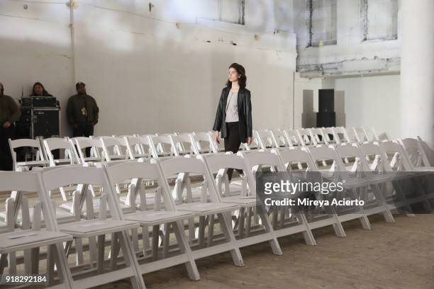Model walks at rehearsal before the Maryam Nassir Zadeh fashion show during New York Fashion Week on February 14, 2018 in New York City.