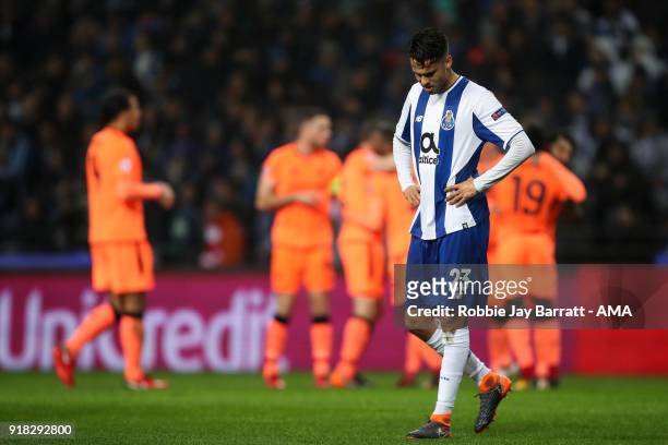 Diego Reyes of FC Porto dejected after conceding during the UEFA Champions League Round of 16 First Leg match between FC Porto and Liverpool at...