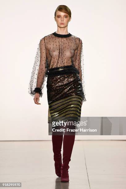 Model walks the runway for Marcel Ostertag during New York Fashion Week: The Shows at Gallery II at Spring Studios on February 14, 2018 in New York...