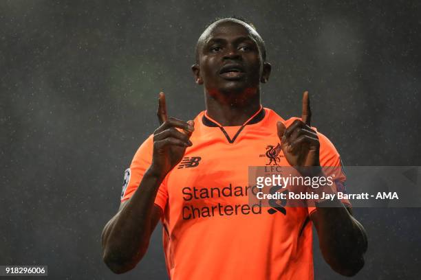 Sadio Mane of Liverpool celebrates after scoring a goal to make it 0-3 during the UEFA Champions League Round of 16 First Leg match between FC Porto...