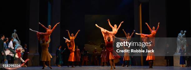 Artists of the company in the Royal Ballet's production of Christopher Wheeldon's The Winter's Tale at the Royal Opera House on February 12, 2018 in...