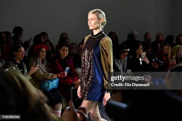 Model walks the runway for Marcel Ostertag front row during New York Fashion Week: The Shows at Gallery II at Spring Studios on February 14, 2018 in...