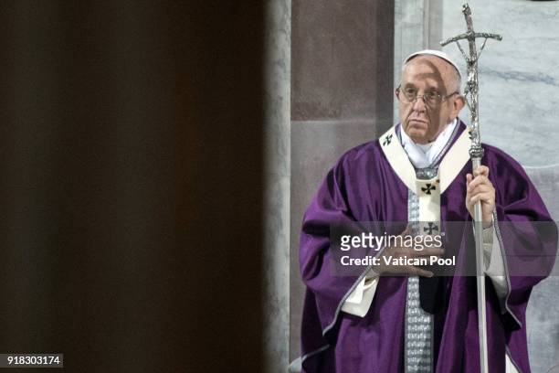 Pope Francis attends Ash Wednesday at the Santa Sabina Basilica on February 14, 2018 in Rome, Italy. Pope Francis celebrated Ash Wednesday Mass in...