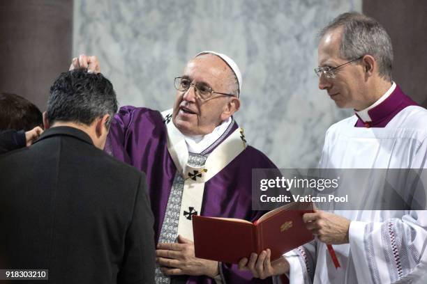 Pope Francis attends Ash Wednesday at the Santa Sabina Basilica on February 14, 2018 in Rome, Italy. Pope Francis celebrated Ash Wednesday Mass in...