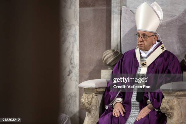 Pope Francis attends Ash Wednesday at the Santa Sabina Basilica on February 14, 2018 in Rome, Italy. Pope Francis celebrated Ash Wednesday Mass in...