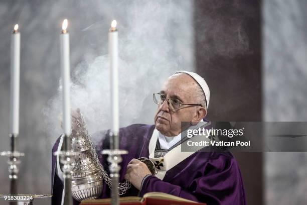 Pope Francis attends Ash Wednesday at the Santa Sabina Basilica on February 14, 2018 in Rome, Italy. Pope Francis celebrated Ash Wednesday Mass in...