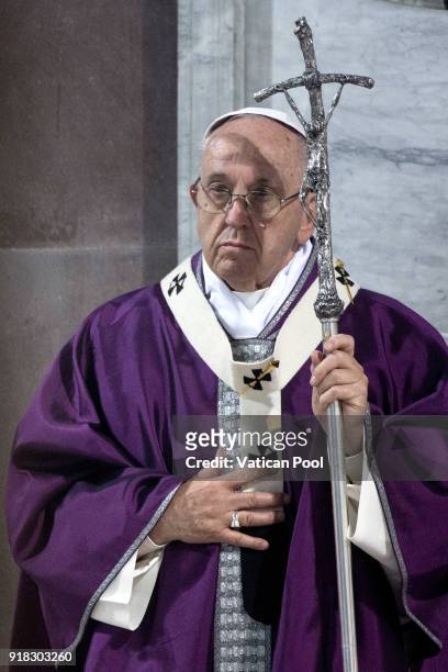 Pope Francis attends Ash Wednesday at the Santa Sabina Basilica on February 14, 2018 in Rome, Italy. Pope Francis celebrated Ash Wednesday Mass in...
