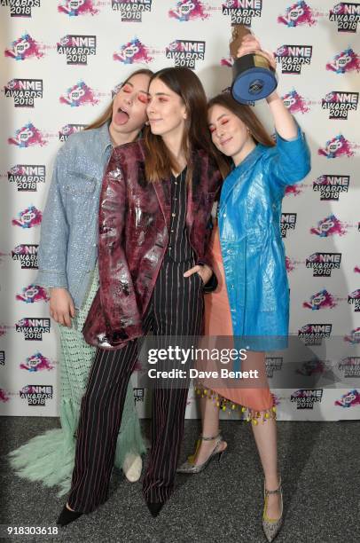 Este Haim, Danielle Haim and Alana Haim of Haim in the winners room during the VO5 NME Awards held at Brixton Academy on February 14, 2018 in London,...