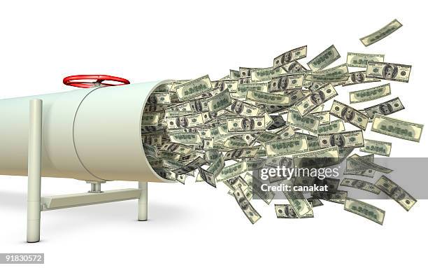 money pouring out of a pipe - oil flow stockfoto's en -beelden