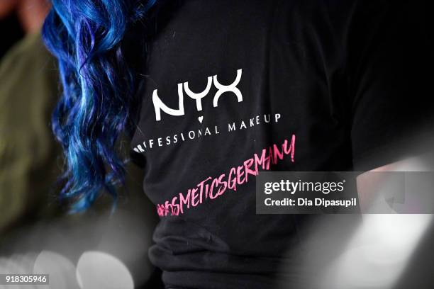 A view of the NYX Cosmetics shirt detail backstage for Marcel Ostertag during New York Fashion Week: The Shows at Gallery II at Spring Studios on...