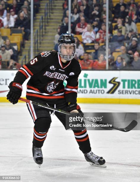 Northeastern Huskies defenseman Ryan Shea waits for the puck to drop a face off. During the Northeastern Huskies game against the Boston University...