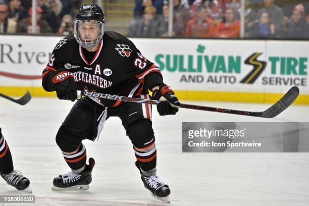 Northeastern Huskies defenseman Garrett Cecere waits for the puck to drop a face off. During the Northeastern Huskies game against the Boston...