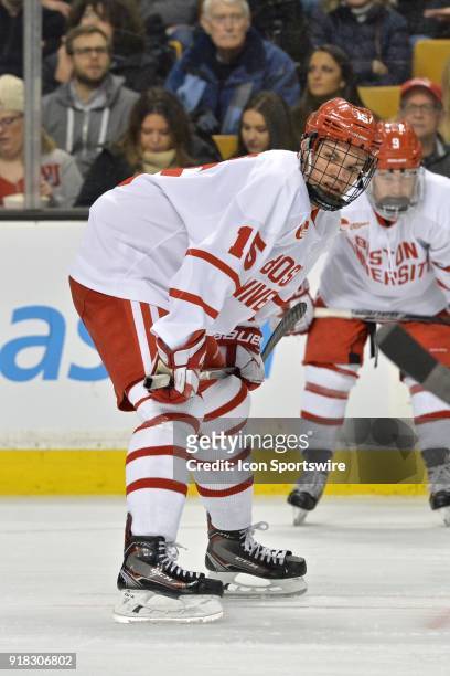 Boston University Terriers forward Shane Bowers gets ready to take a face off. During the Boston University Terriers game against the Northeastern...