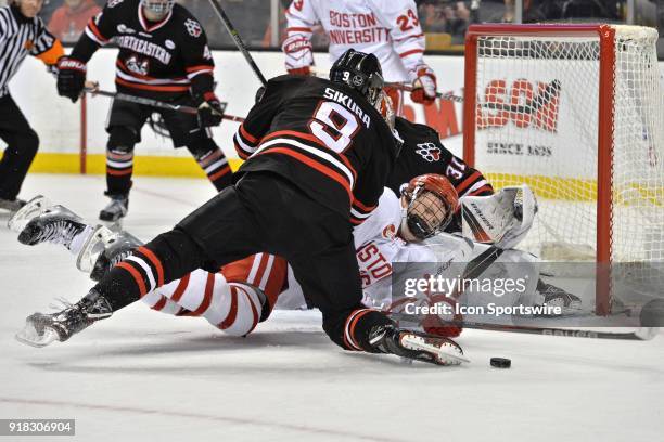 Boston University Terriers forward Brady Tkachuk still tries to get control of the loose puck. During the Boston University Terriers game against the...