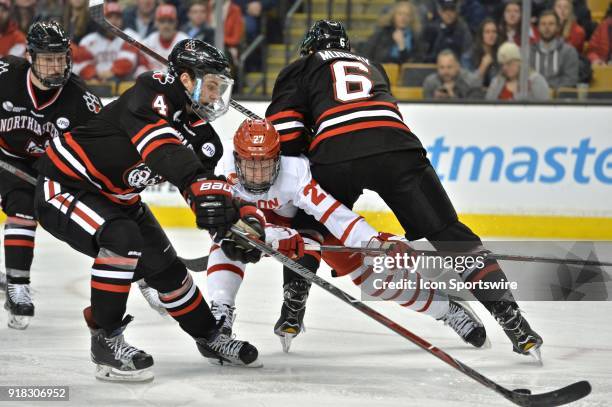 Boston University Terriers forward Brady Tkachuk tries to break thru the defense with the puck. During the Boston University Terriers game against...